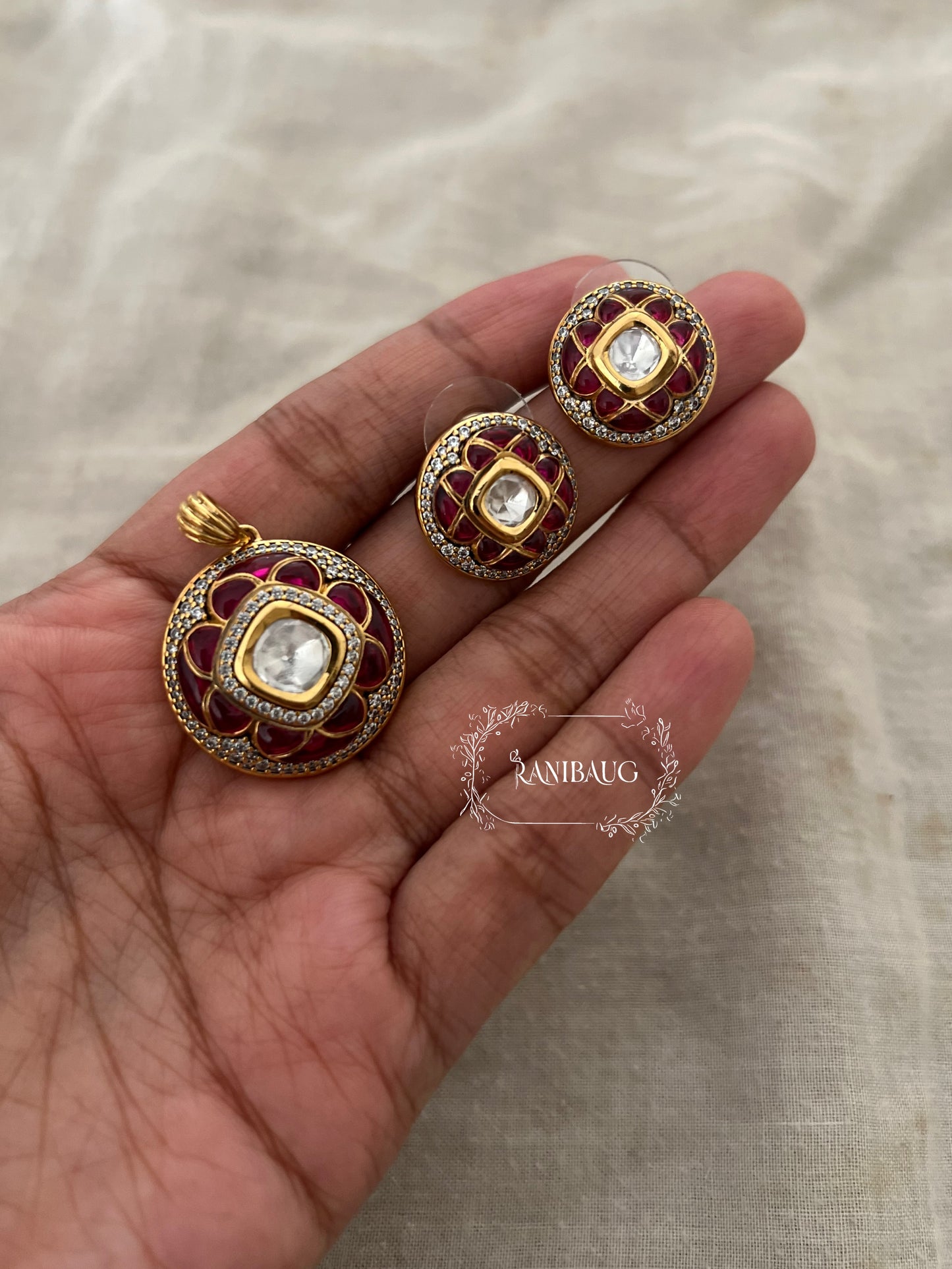 Ira Polki Studded Gold Finish Zirconia Pendant Set Jewelry By Ranibaug