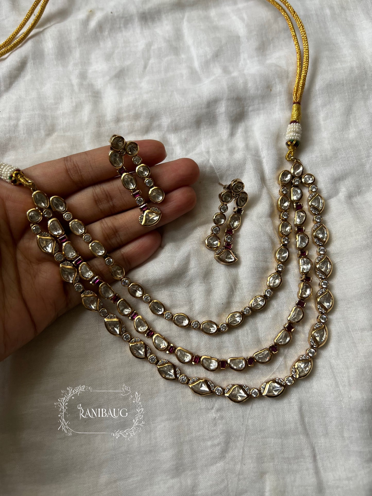 Iraaya 3 Layered Polki Rich Gold Finish Subtle Festive Jewelry Set By Ranibaug