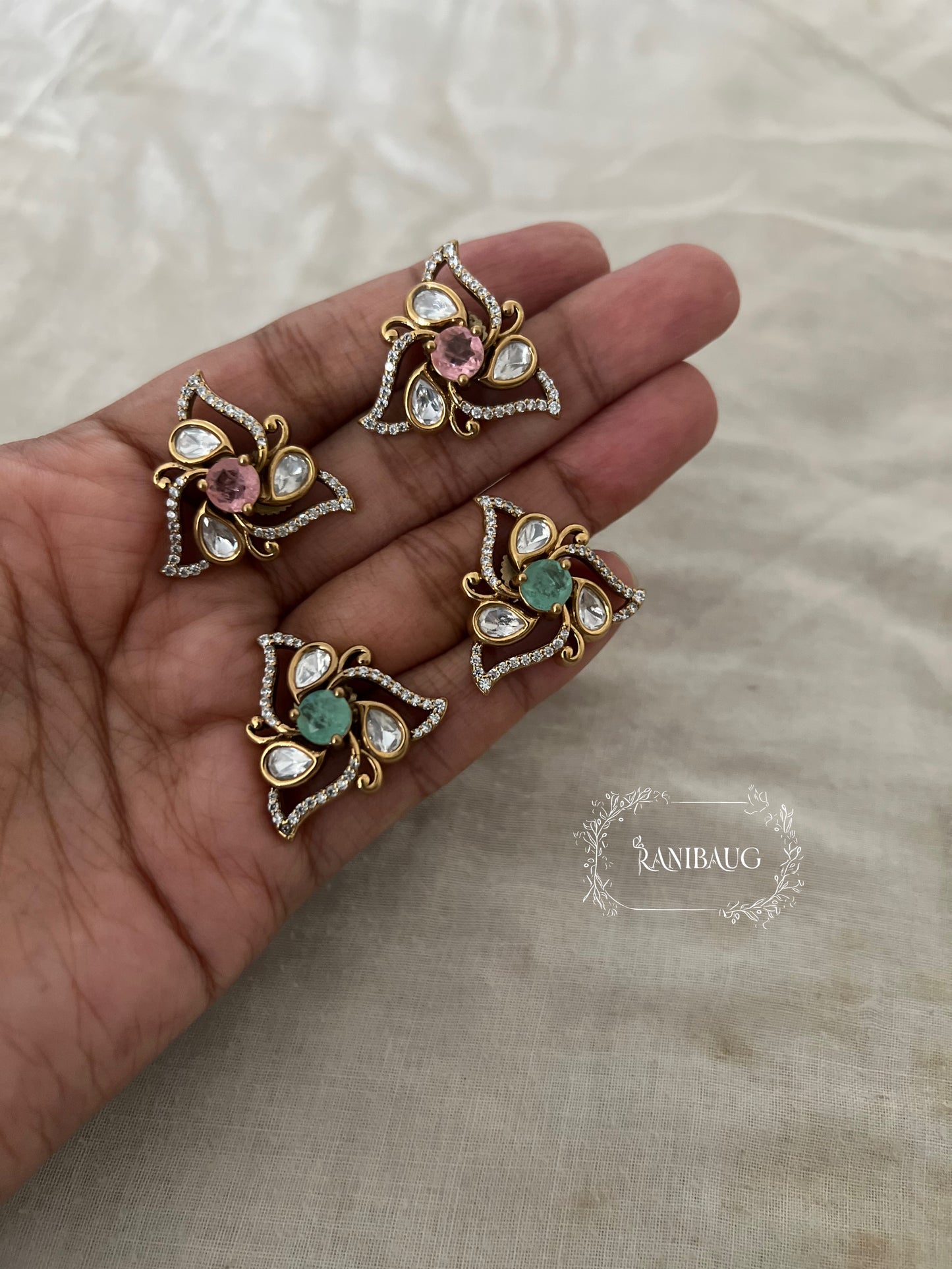 Iraaya Polki Studded Victorian Style Gemstone Gold Finish Ear Studs Festive Jewelry By Ranibaug