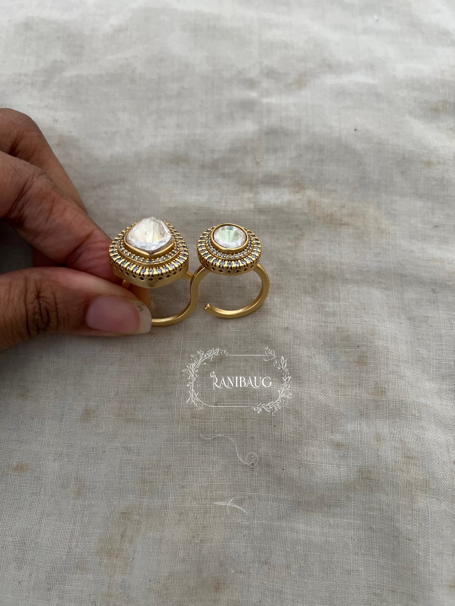 Irakshi Polki Motif Gold Finish Dual Finger Ring Jewelry By Ranibaug