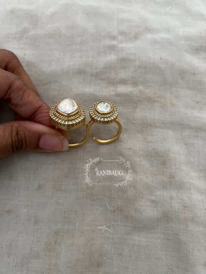 Irakshi Polki Motif Gold Finish Dual Finger Ring Jewelry By Ranibaug