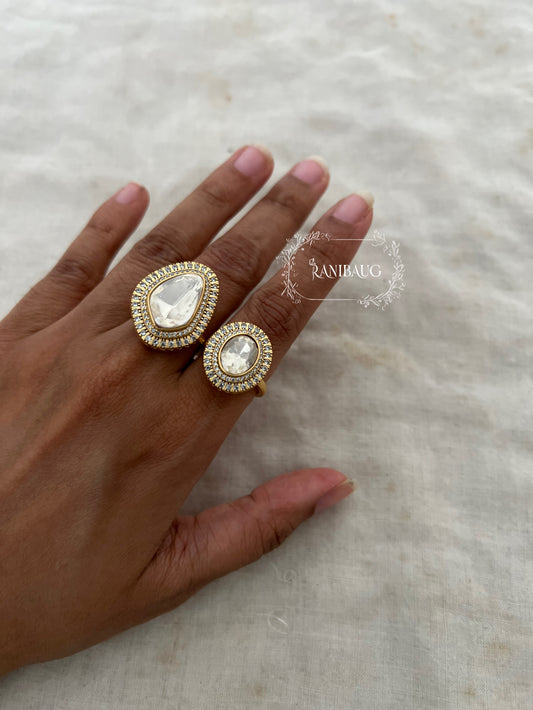Irakshi Polki Motif Gold Finish Dual Finger Ring Jewelry By Ranibaug