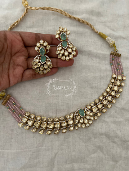 Isha Polki Mossainite Gold Finish Choker Necklace Set By Ranibaug