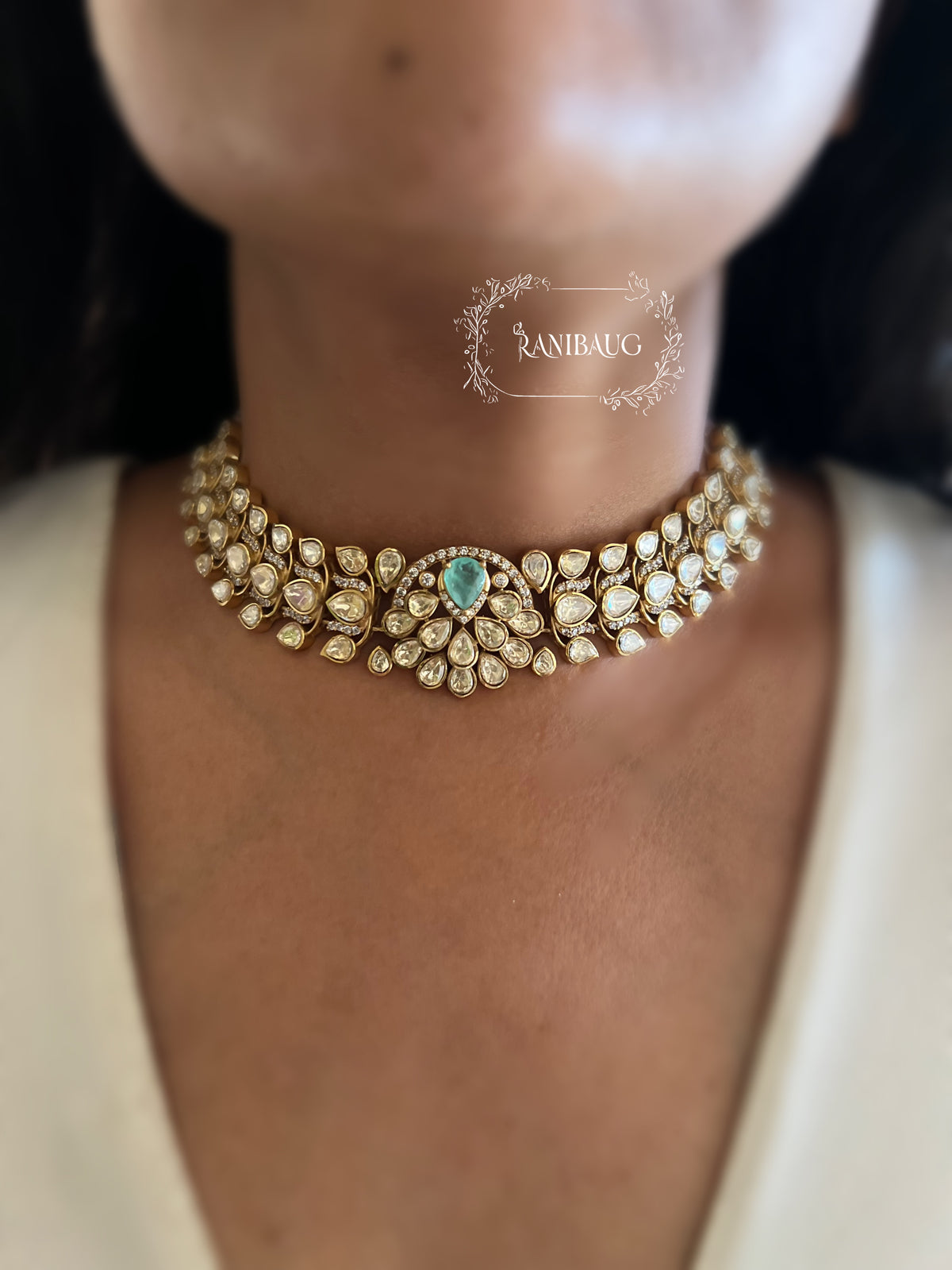 Isha Polki Mossainite Gold Finish Choker Necklace Set By Ranibaug