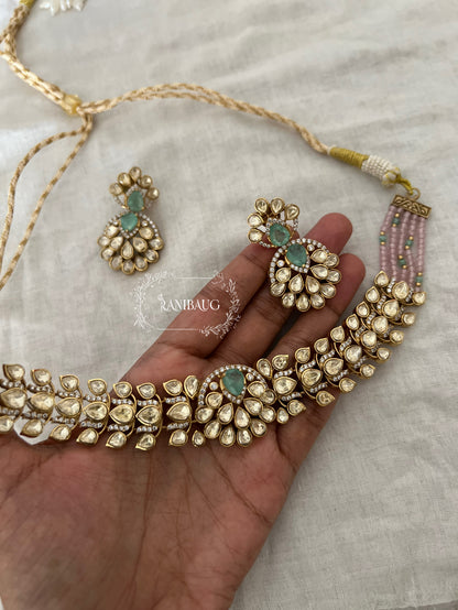 Isha Polki Mossainite Gold Finish Choker Necklace Set By Ranibaug