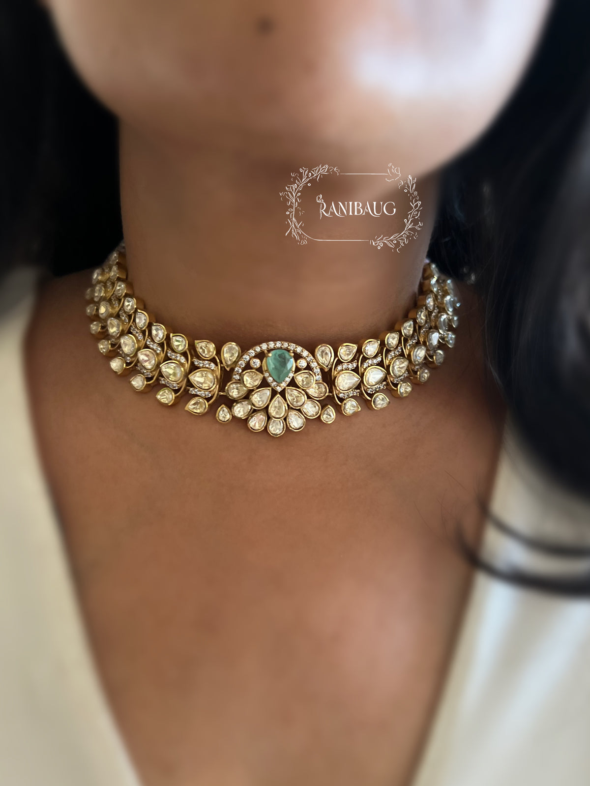Isha Polki Mossainite Gold Finish Choker Necklace Set By Ranibaug