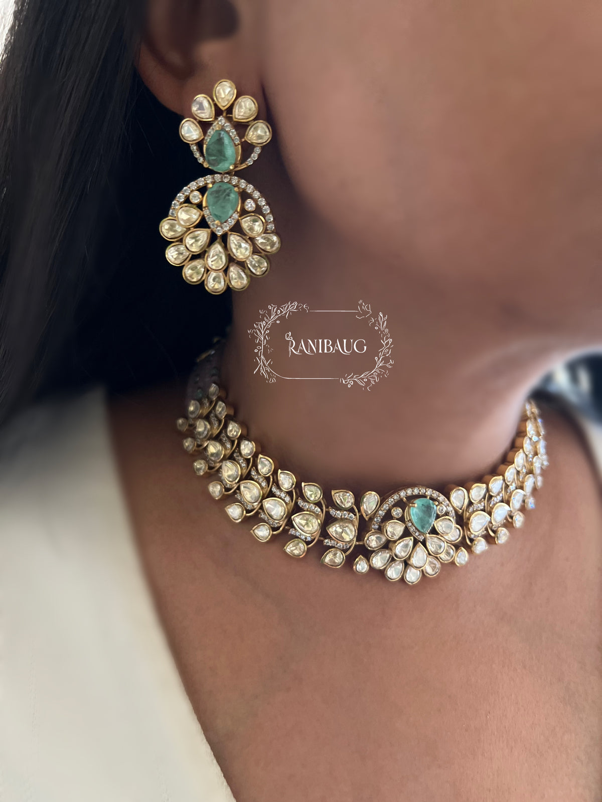 Isha Polki Mossainite Gold Finish Choker Necklace Set By Ranibaug