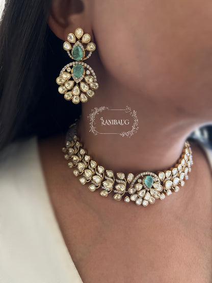 Isha Polki Mossainite Gold Finish Choker Necklace Set By Ranibaug