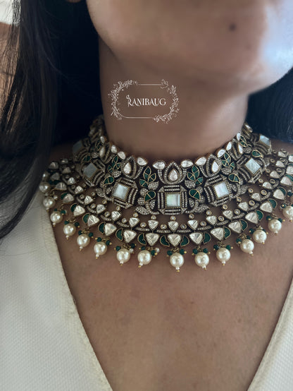 Isha Royal Victorian Vintage Polki Necklace Jewellery With Dangling Pearls Set By Ranibaug