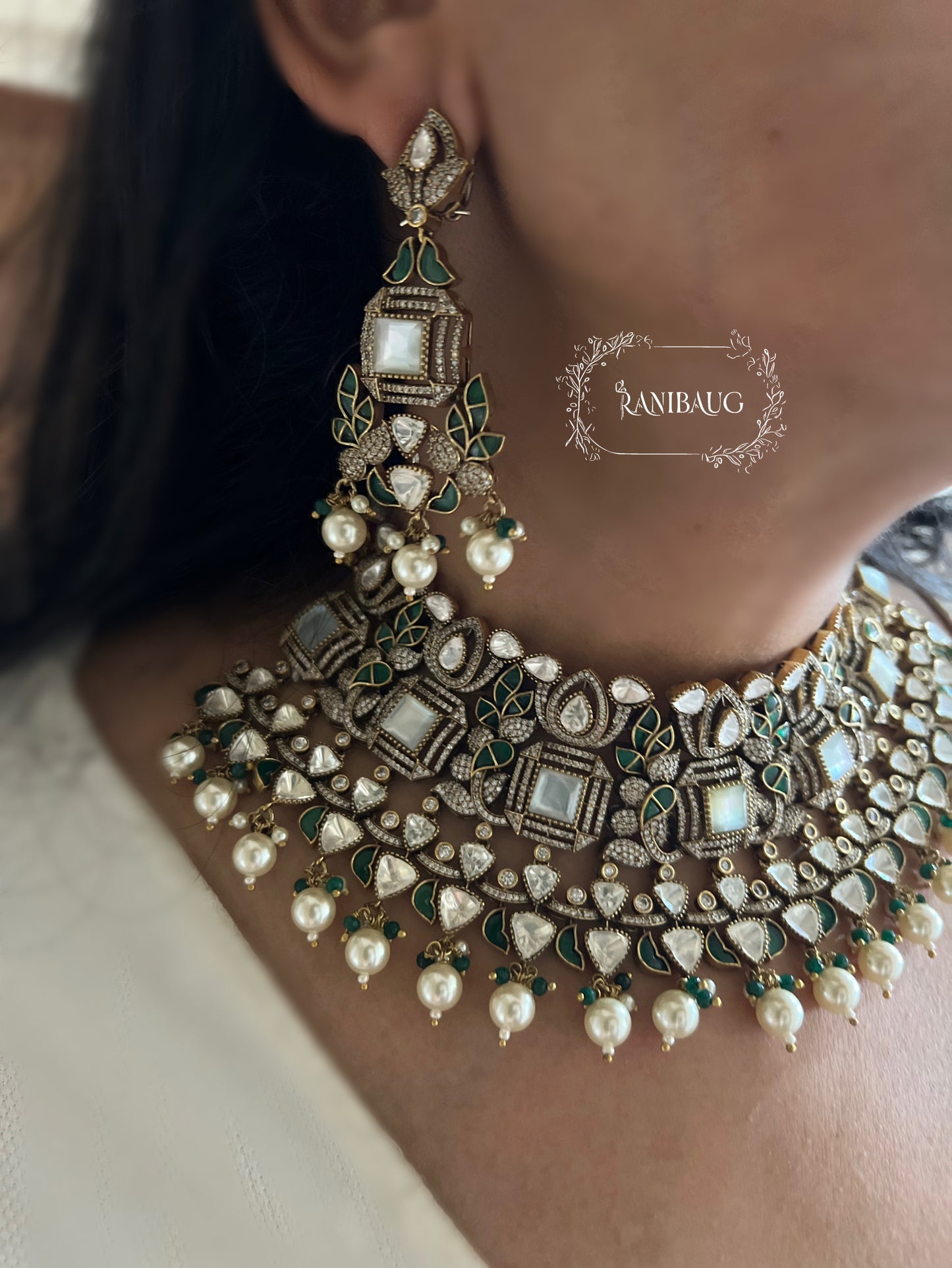 Isha Royal Victorian Vintage Polki Necklace Jewellery With Dangling Pearls Set By Ranibaug