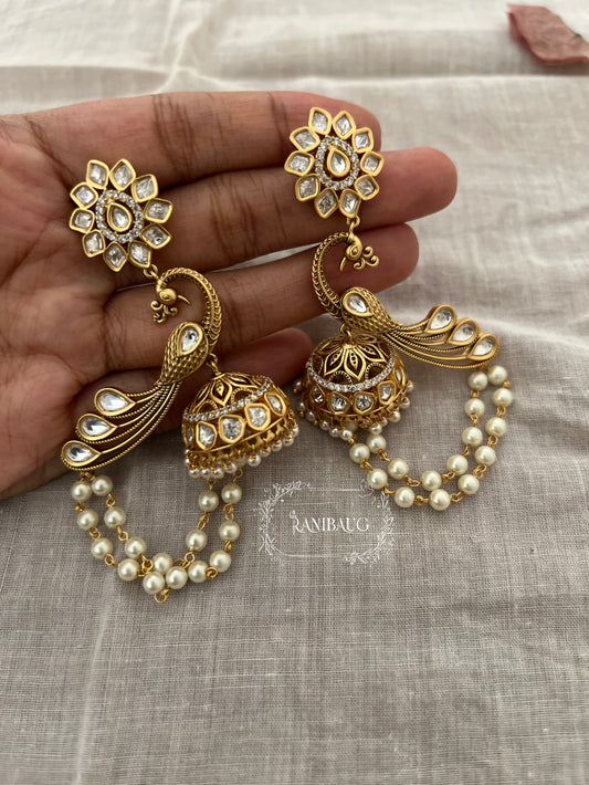 Ishaara Ornate Stud Peacock Jhumka Unique Gold Earrings RB