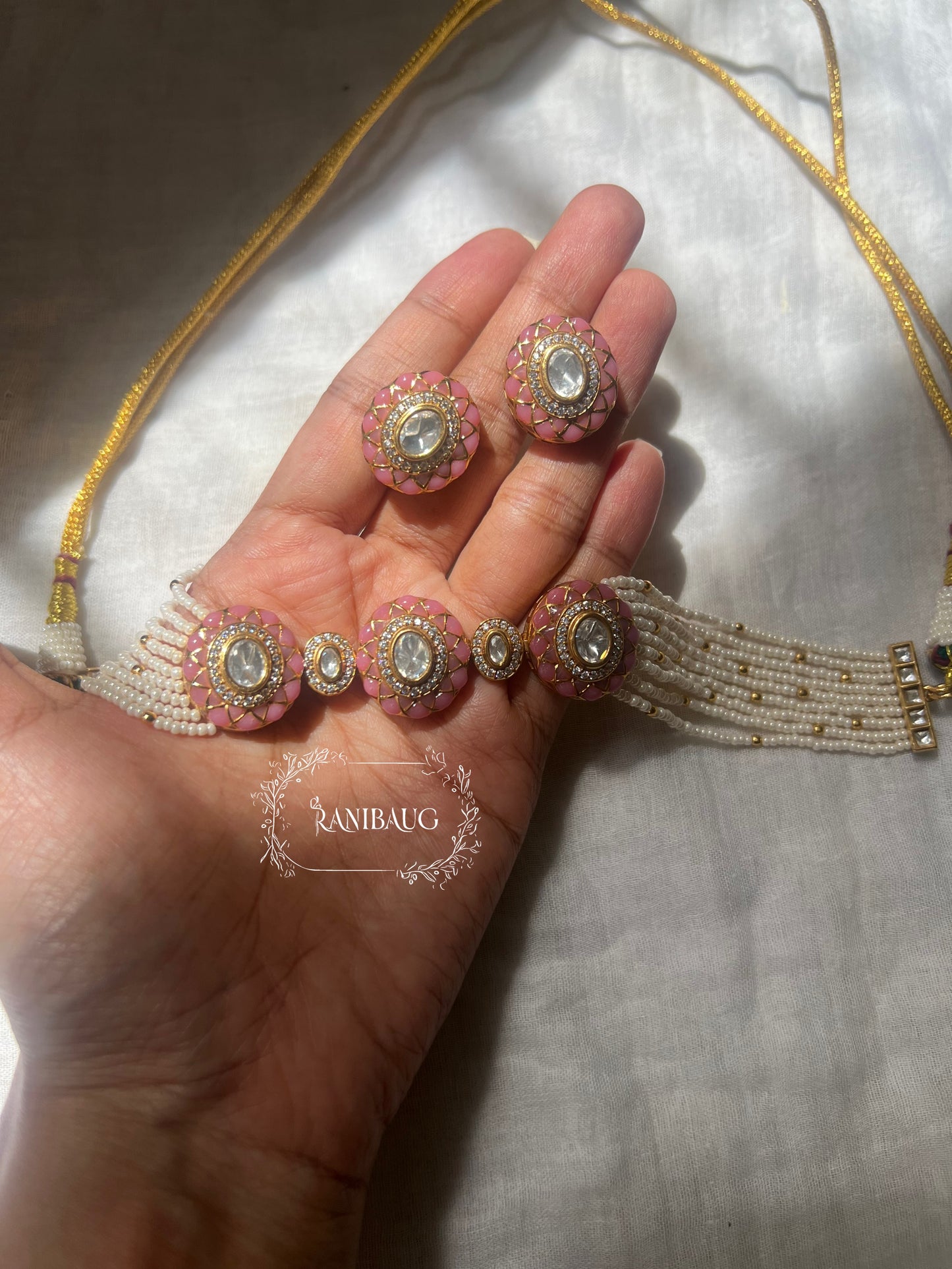 Ishana Kundan Gold Finish Pearl Strand Royal Statement Festive Choker Set By Ranibaug
