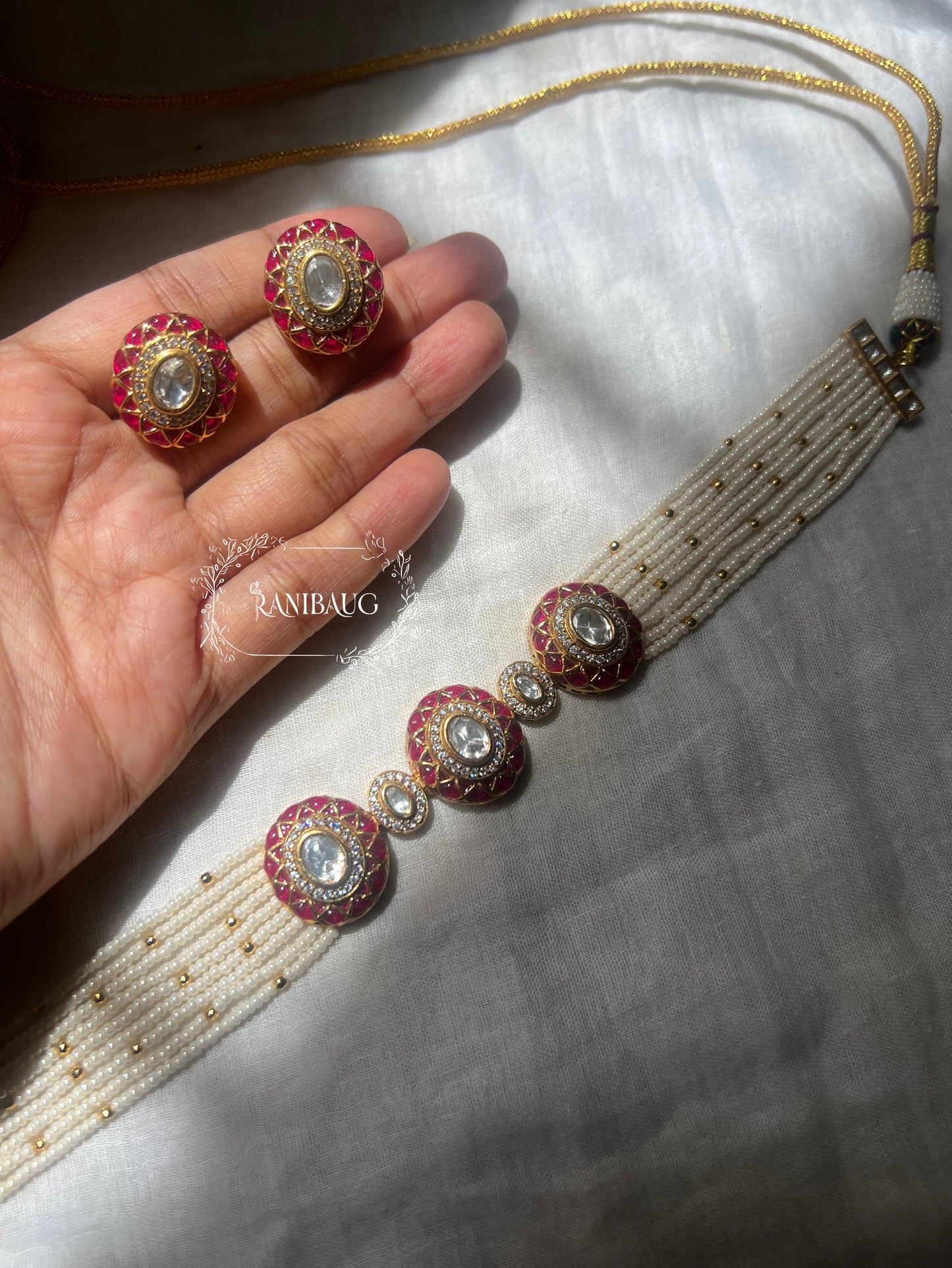 Ishana Kundan Gold Finish Pearl Strand Royal Statement Festive Choker Set By Ranibaug