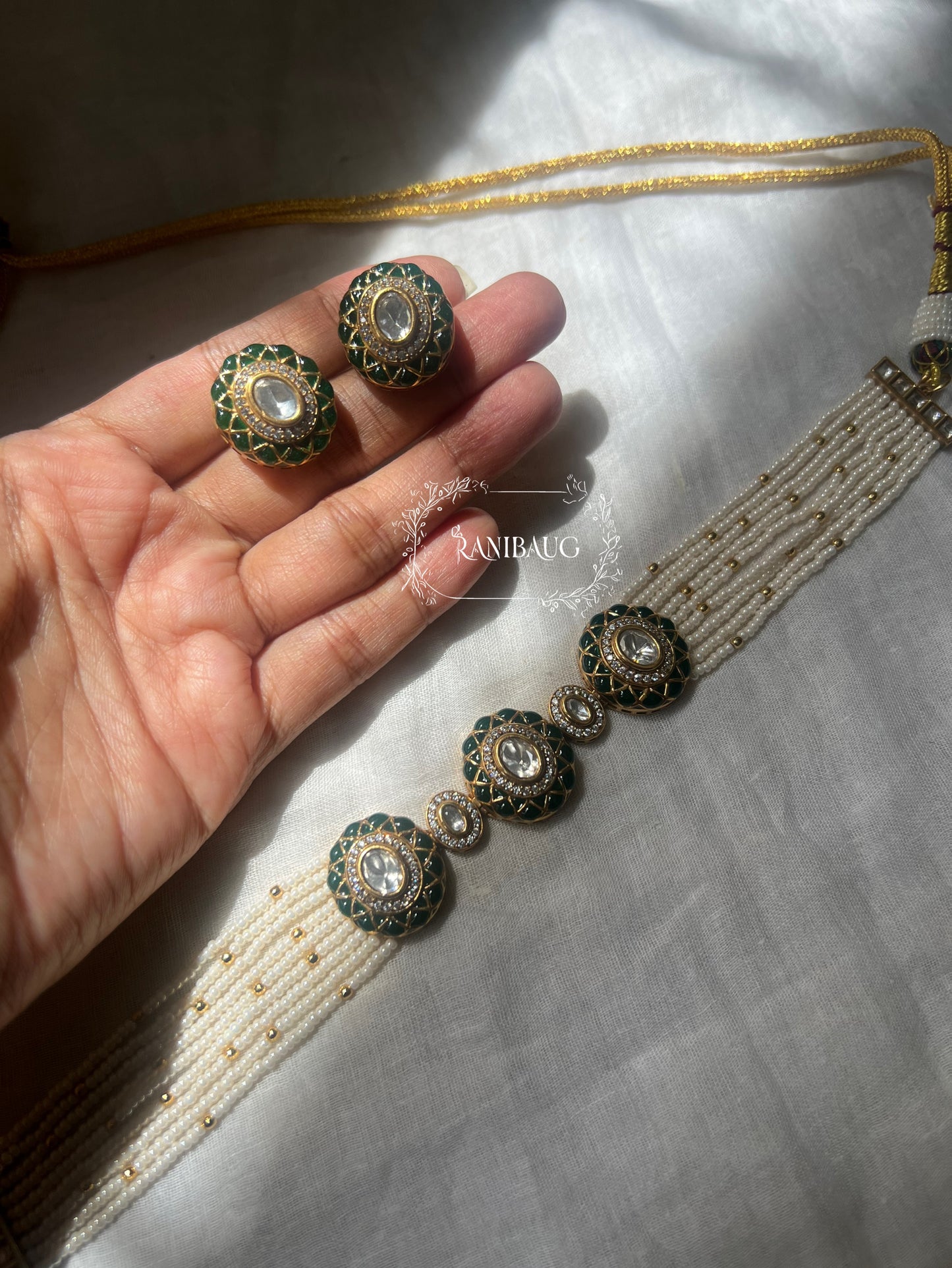 Ishana Kundan Gold Finish Pearl Strand Royal Statement Festive Choker Set By Ranibaug
