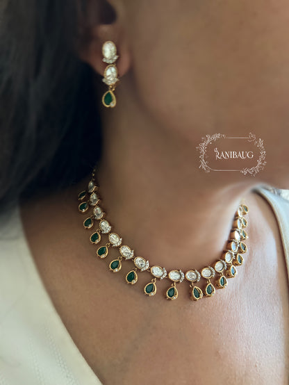 Ishanee Polki Teardrop Motif Polki Kundan Studded Gold Finish Simple Classic Necklace Set By Ranibaug