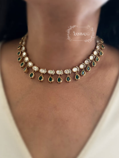 Ishanee Polki Teardrop Motif Polki Kundan Studded Gold Finish Simple Classic Necklace Set By Ranibaug