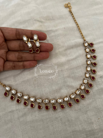 Ishanee Polki Teardrop Motif Polki Kundan Studded Gold Finish Simple Classic Necklace Set By Ranibaug