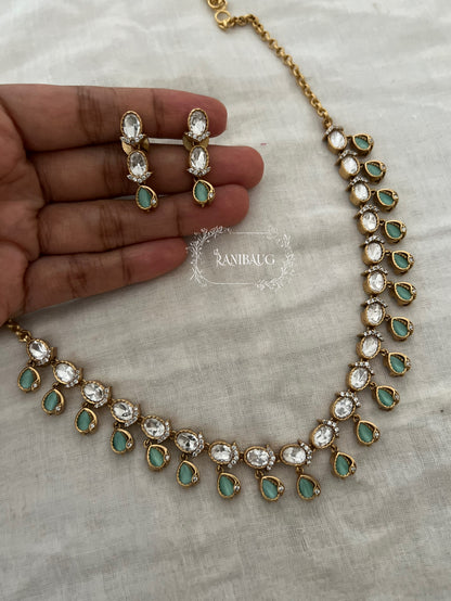 Ishanee Polki Teardrop Motif Polki Kundan Studded Gold Finish Simple Classic Necklace Set By Ranibaug
