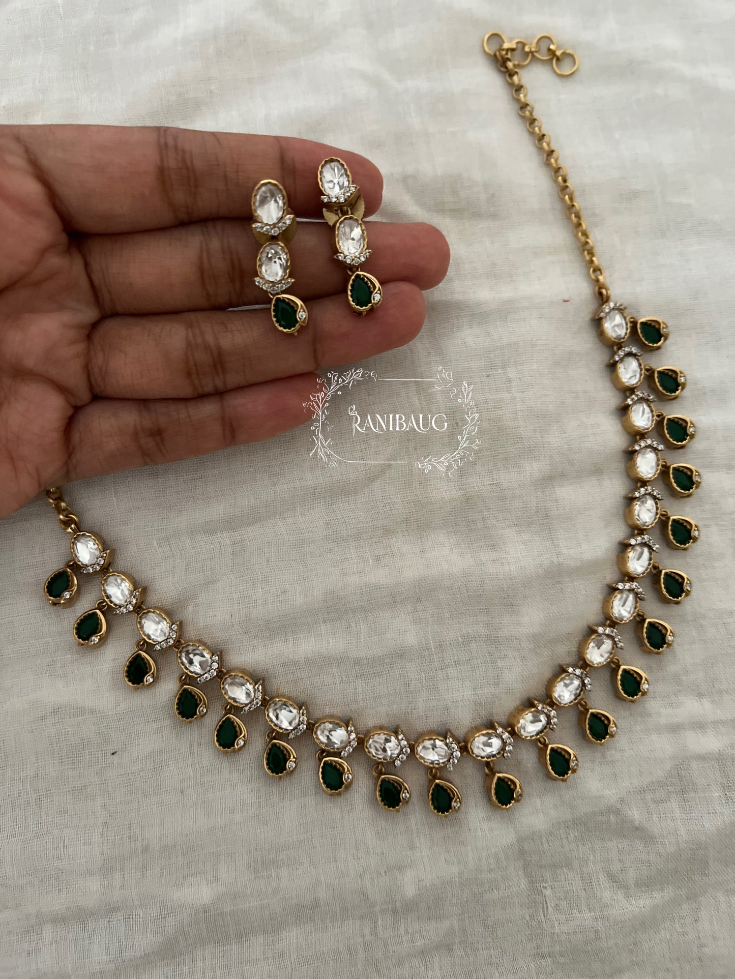 Ishanee Polki Teardrop Motif Polki Kundan Studded Gold Finish Simple Classic Necklace Set By Ranibaug