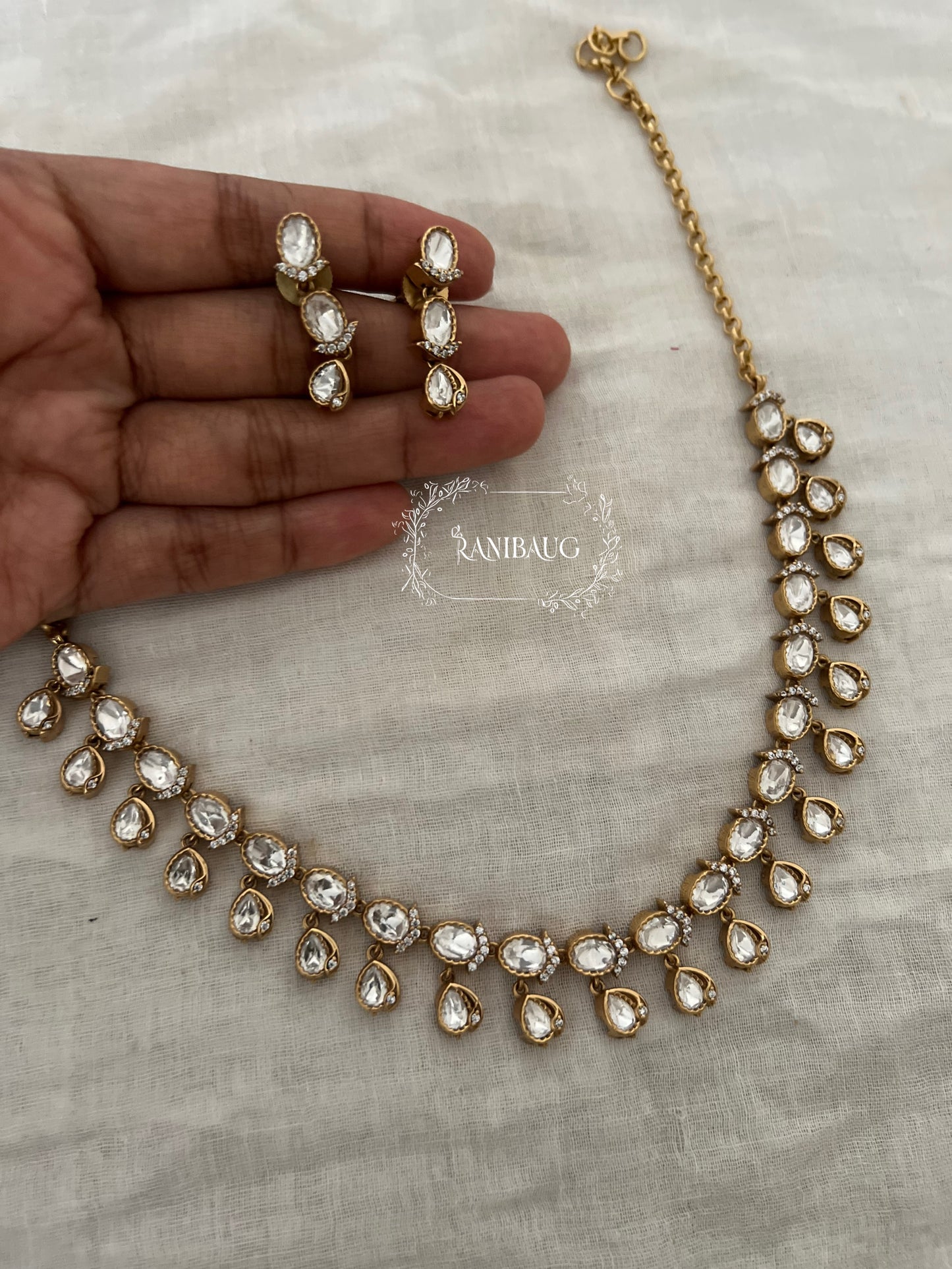 Ishanee Polki Teardrop Motif Polki Kundan Studded Gold Finish Simple Classic Necklace Set By Ranibaug