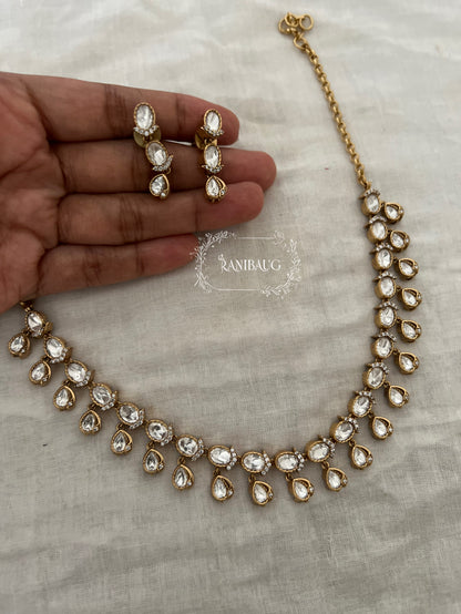 Ishanee Polki Teardrop Motif Polki Kundan Studded Gold Finish Simple Classic Necklace Set By Ranibaug