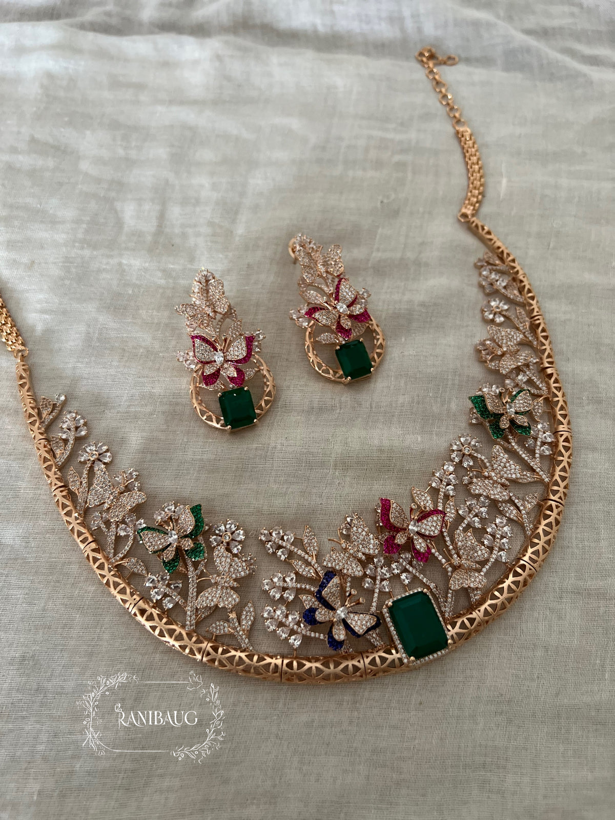 Ishani Floral Garden Inspired Rose Gold Finish Butterfly Motif Diamond Jewellery Set By Ranibaug