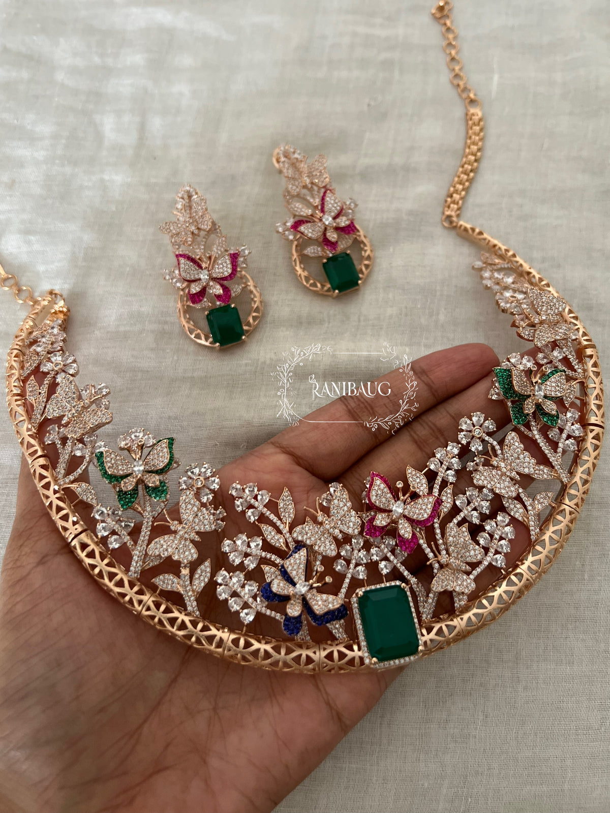 Ishani Floral Garden Inspired Rose Gold Finish Butterfly Motif Diamond Jewellery Set By Ranibaug