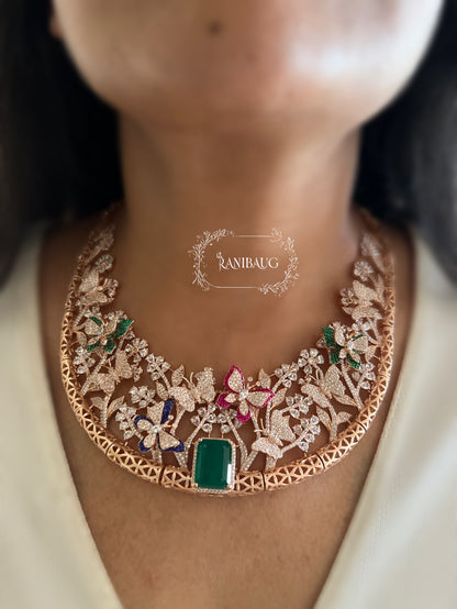 Ishani Floral Garden Inspired Rose Gold Finish Butterfly Motif Diamond Jewellery Set By Ranibaug