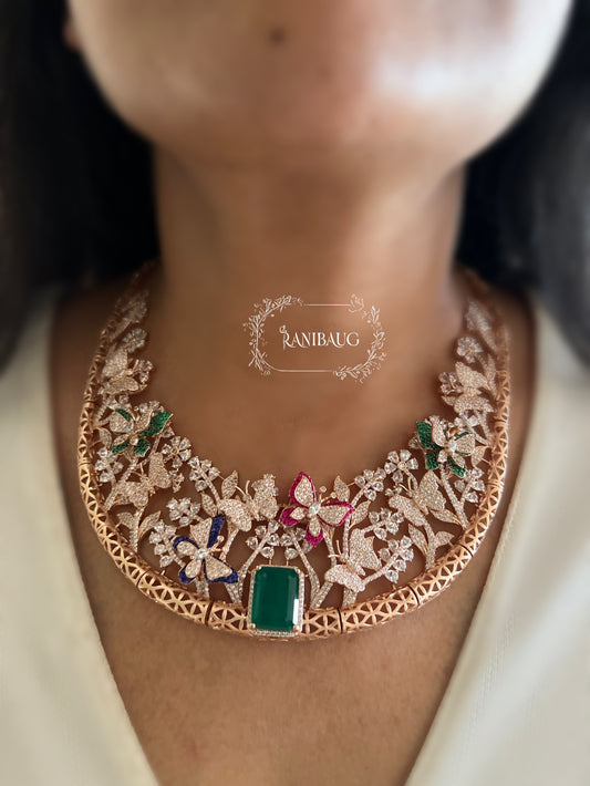Ishani Floral Garden Inspired Rose Gold Finish Butterfly Motif Diamond Jewellery Set By Ranibaug