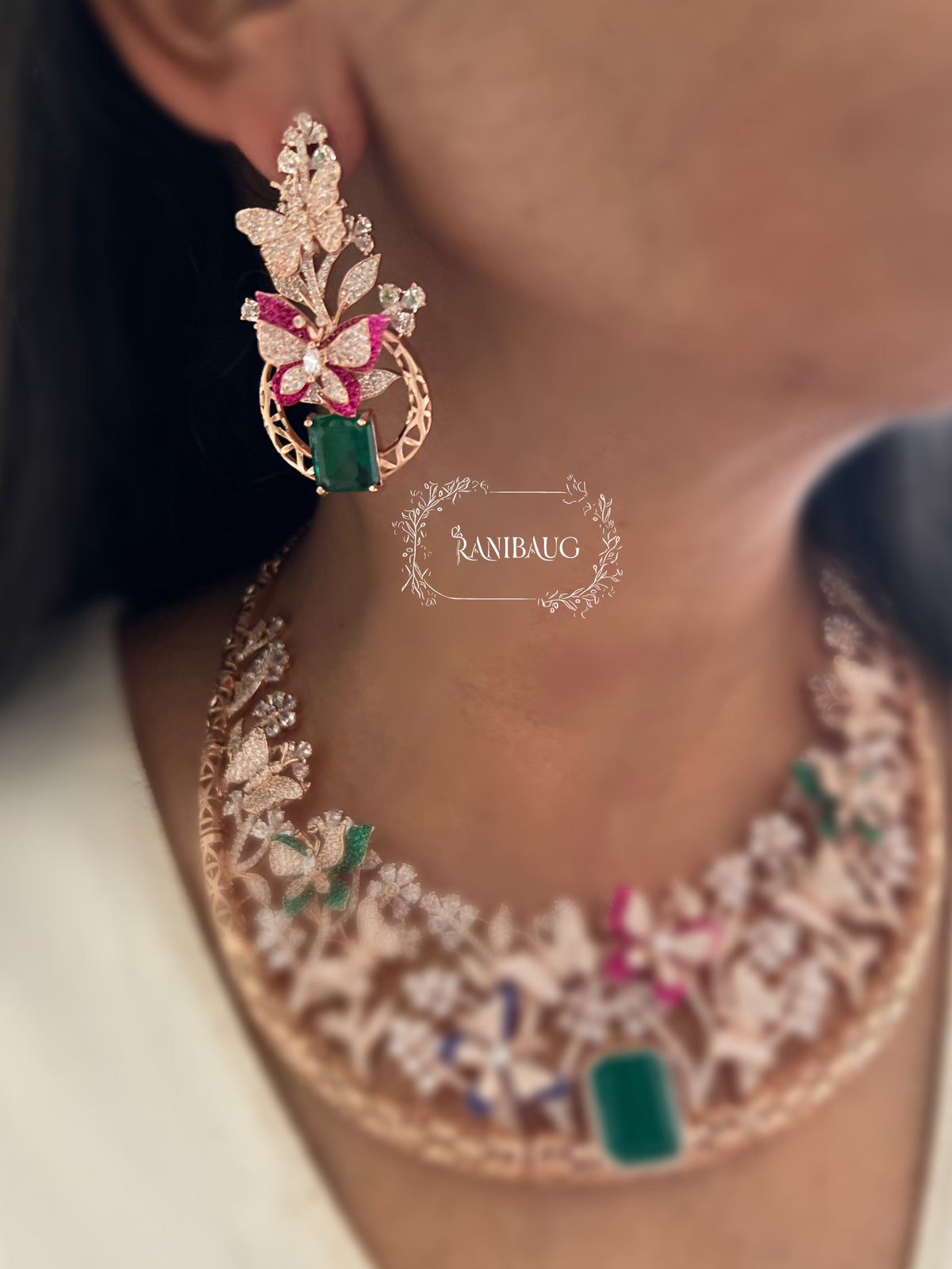 Ishani Floral Garden Inspired Rose Gold Finish Butterfly Motif Diamond Jewellery Set By Ranibaug