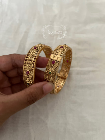 Ishani Nakshi Matt Gold Finish Designer Heritage Bangle Pair By Ranibaug