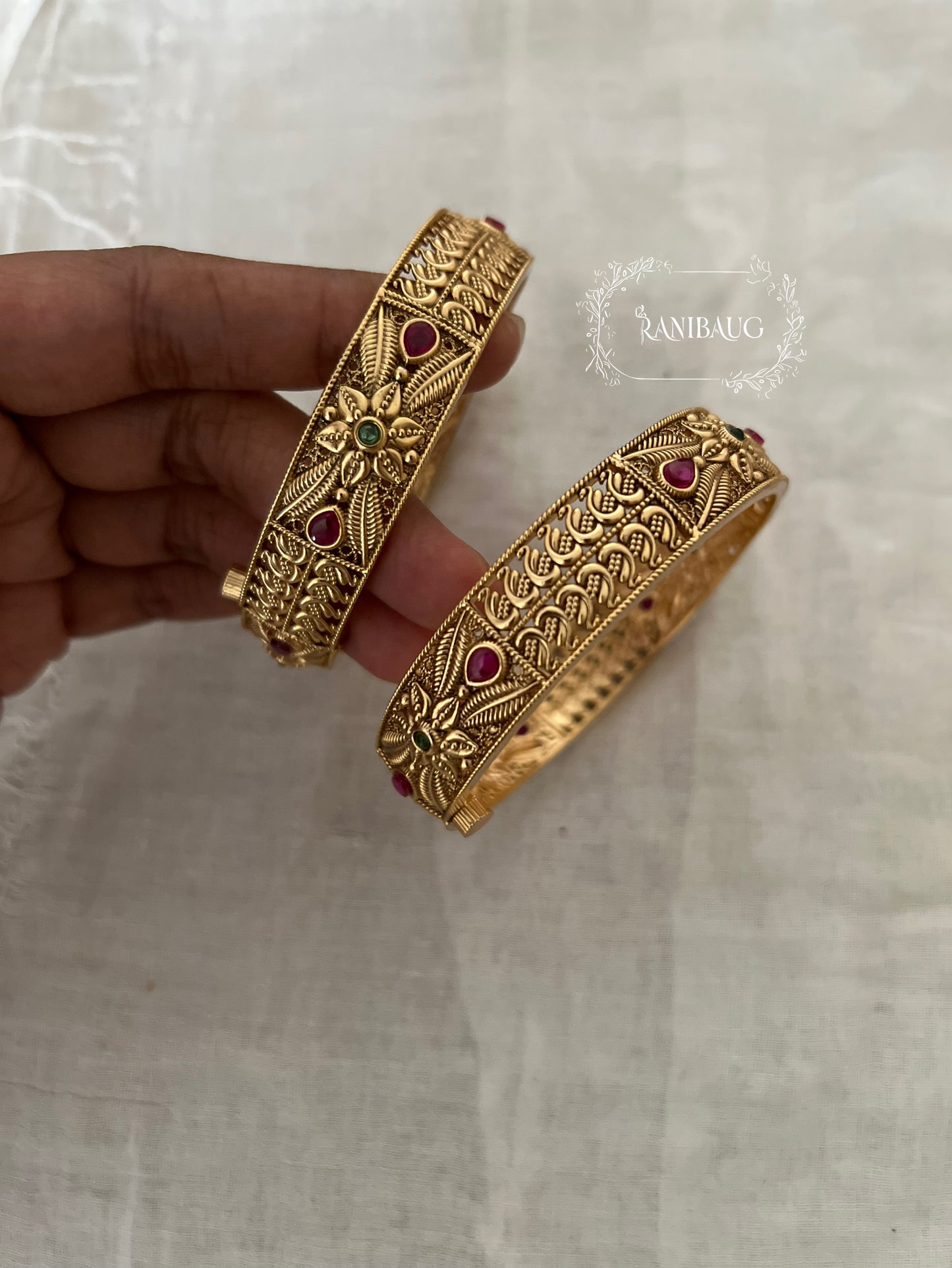 Ishani Nakshi Matt Gold Finish Designer Heritage Bangle Pair By Ranibaug