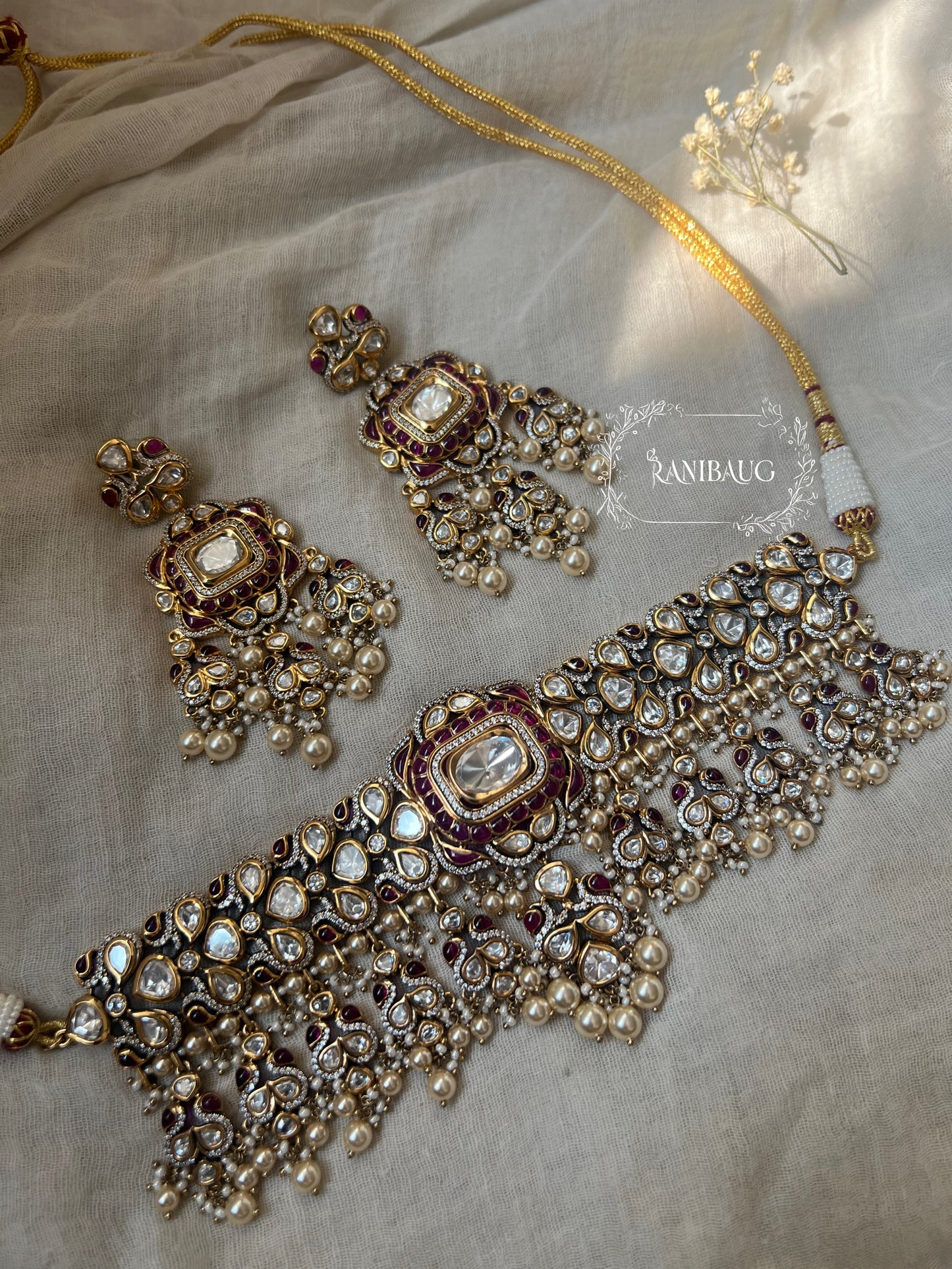 Ishani Royal Vintage Choker Set Victorian Finish Kundan Studded With Pearls By Ranibaug