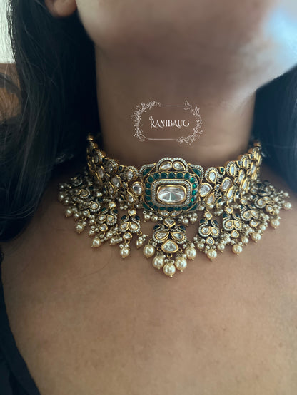 Ishani Royal Vintage Choker Set Victorian Finish Kundan Studded With Pearls By Ranibaug