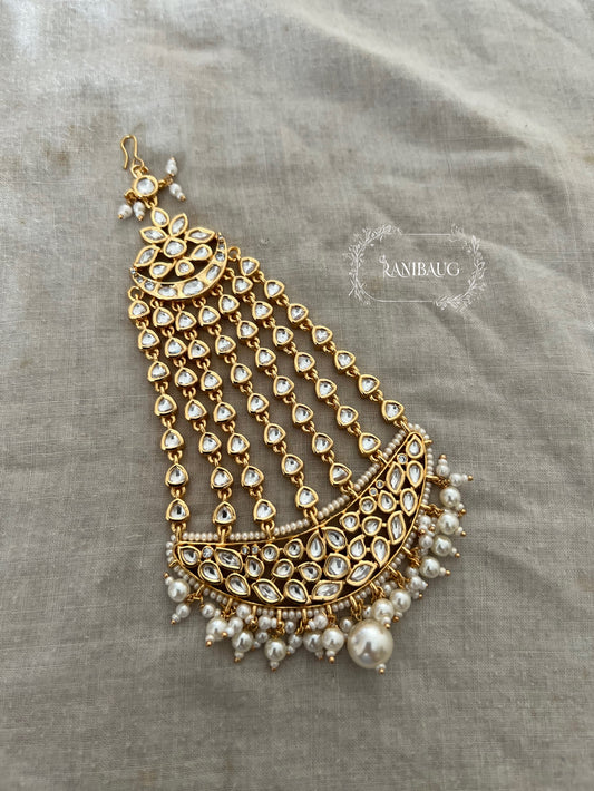 Ishara Ploki Kundan Pearl Cluster Passa Hair Jewellery In Rich Gold Finish By Ranibaug