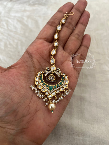 Ishika Simple Gold Plated Kundan Pearl Maang Tikka By Ranibaug
