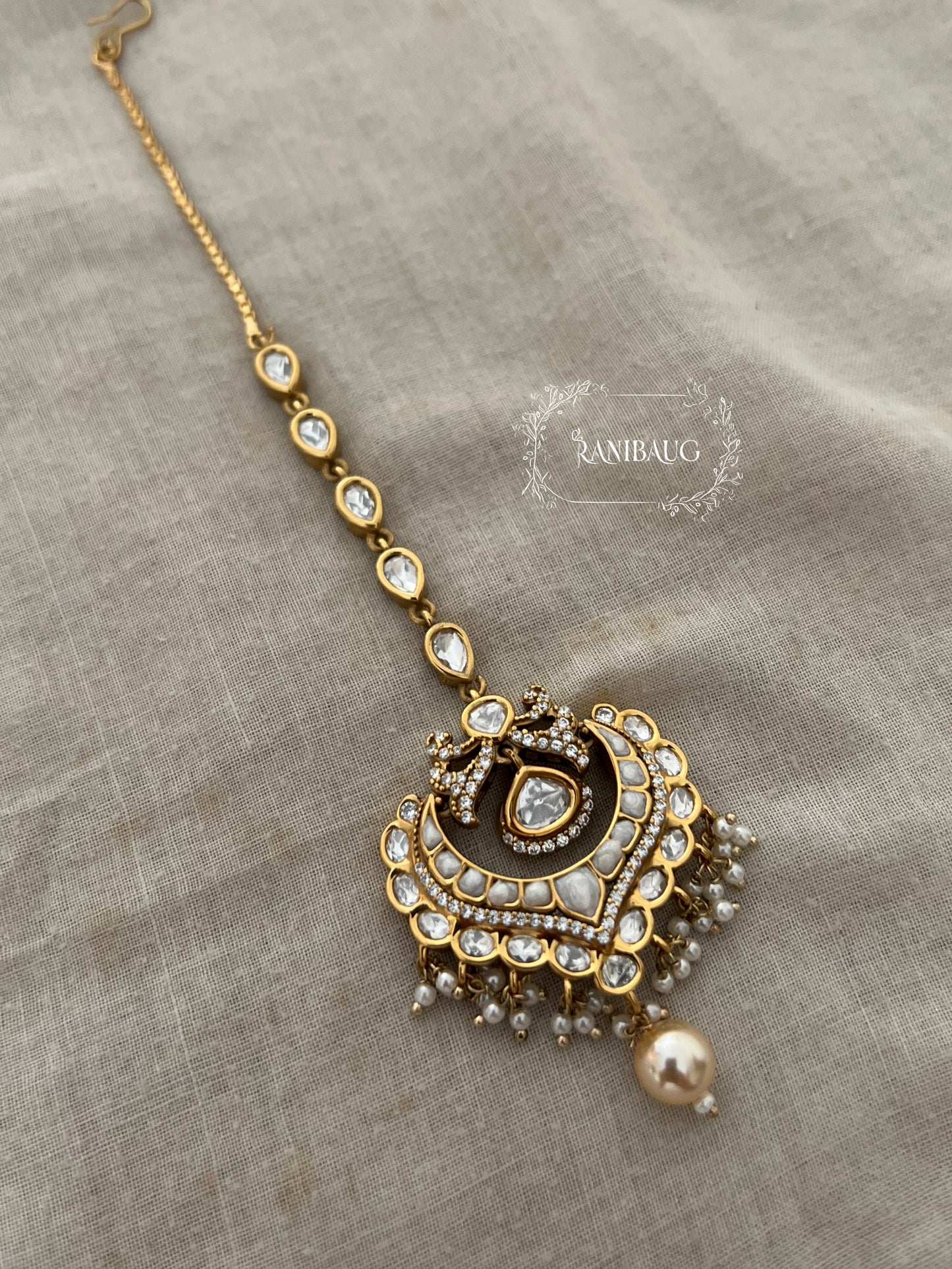 Ishika Simple Gold Plated Kundan Pearl Maang Tikka By Ranibaug