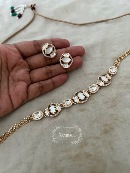 Ishira Enamel Polki Geometric Minimal Gold Finish Necklace Jewelry Set By Ranibaug