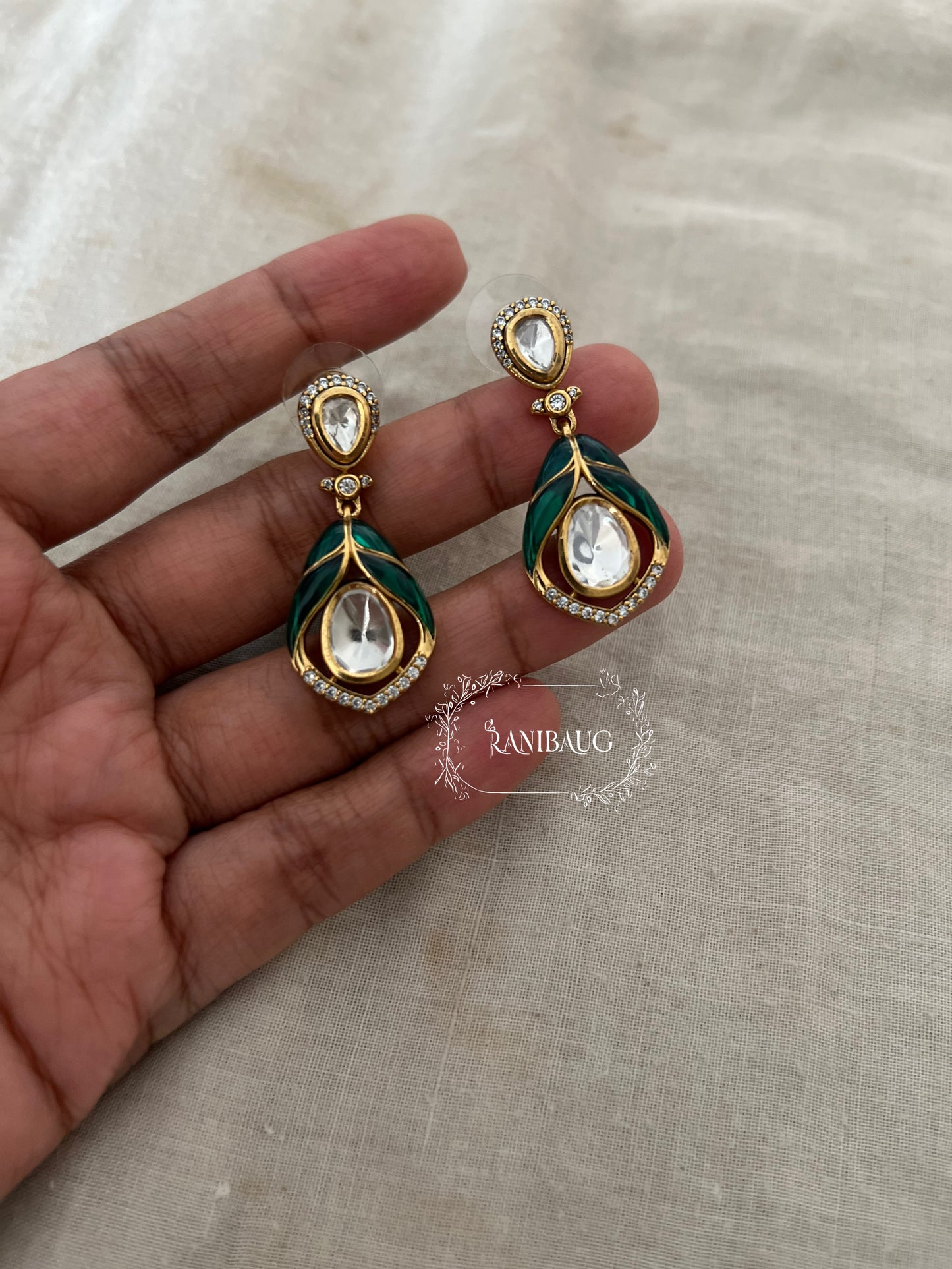 Ishra Gold Finish Emerald Teardrop Mossainite Polki Earrings By Ranibaug
