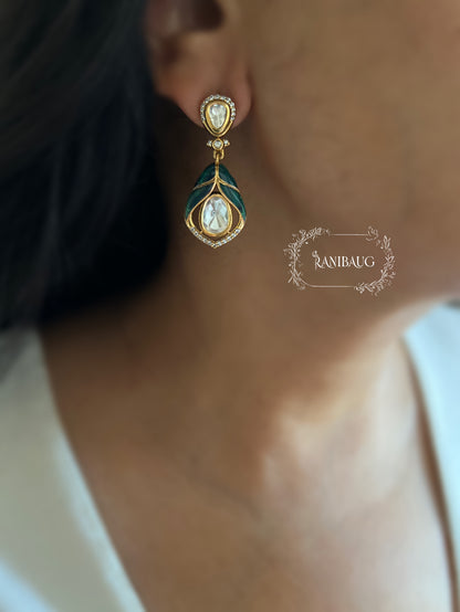 Ishra Gold Finish Emerald Teardrop Mossainite Polki Earrings By Ranibaug