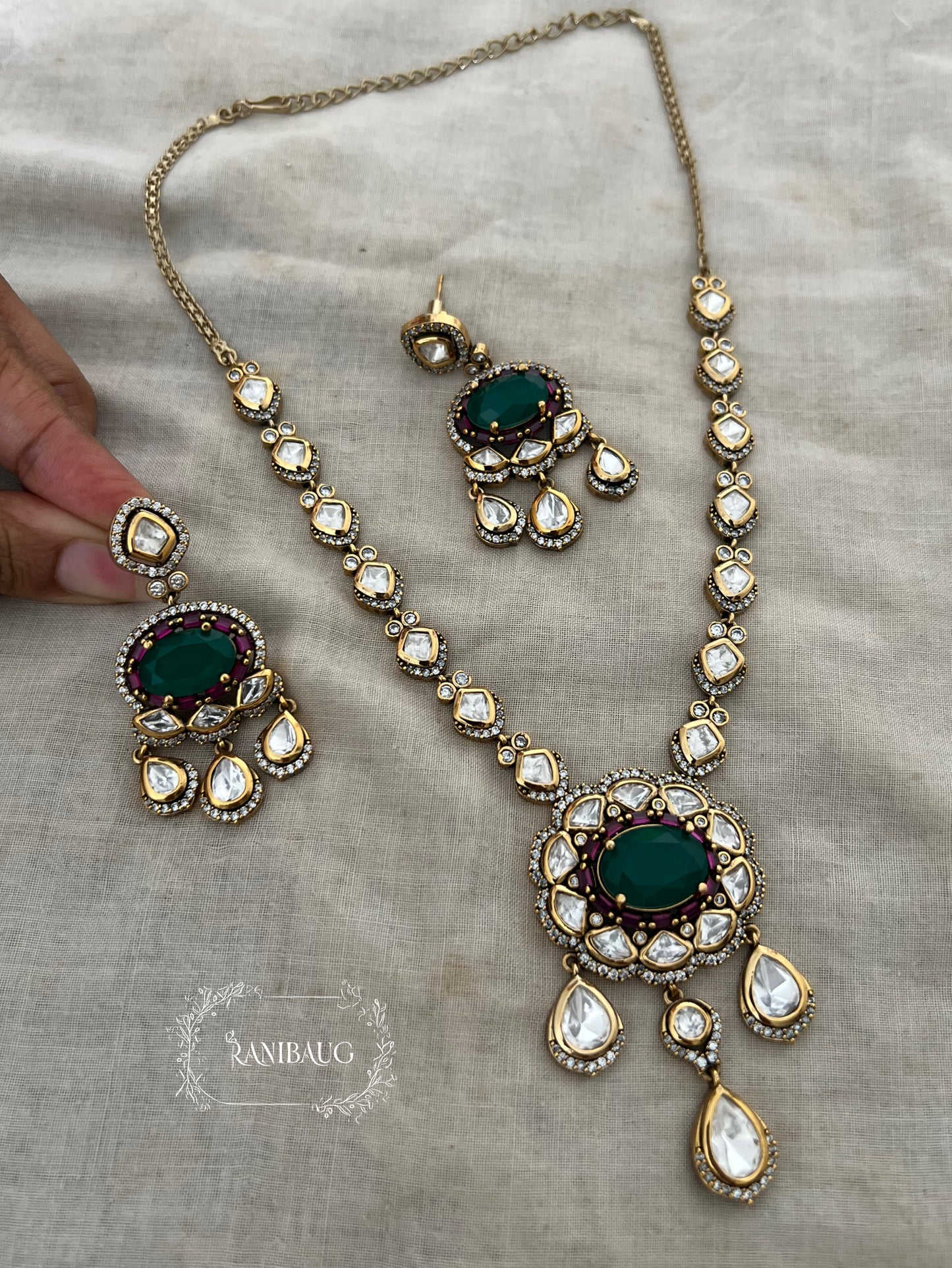 Ishvika Gold Finish Polki Adorned Royal Subtle Necklace Jewelry By Ranibaug