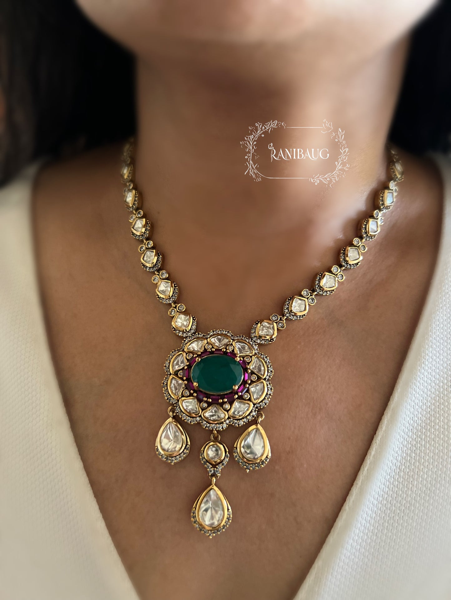 Ishvika Gold Finish Polki Adorned Royal Subtle Necklace Jewelry By Ranibaug