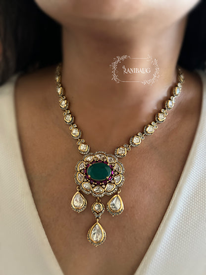 Ishvika Gold Finish Polki Adorned Royal Subtle Necklace Jewelry By Ranibaug
