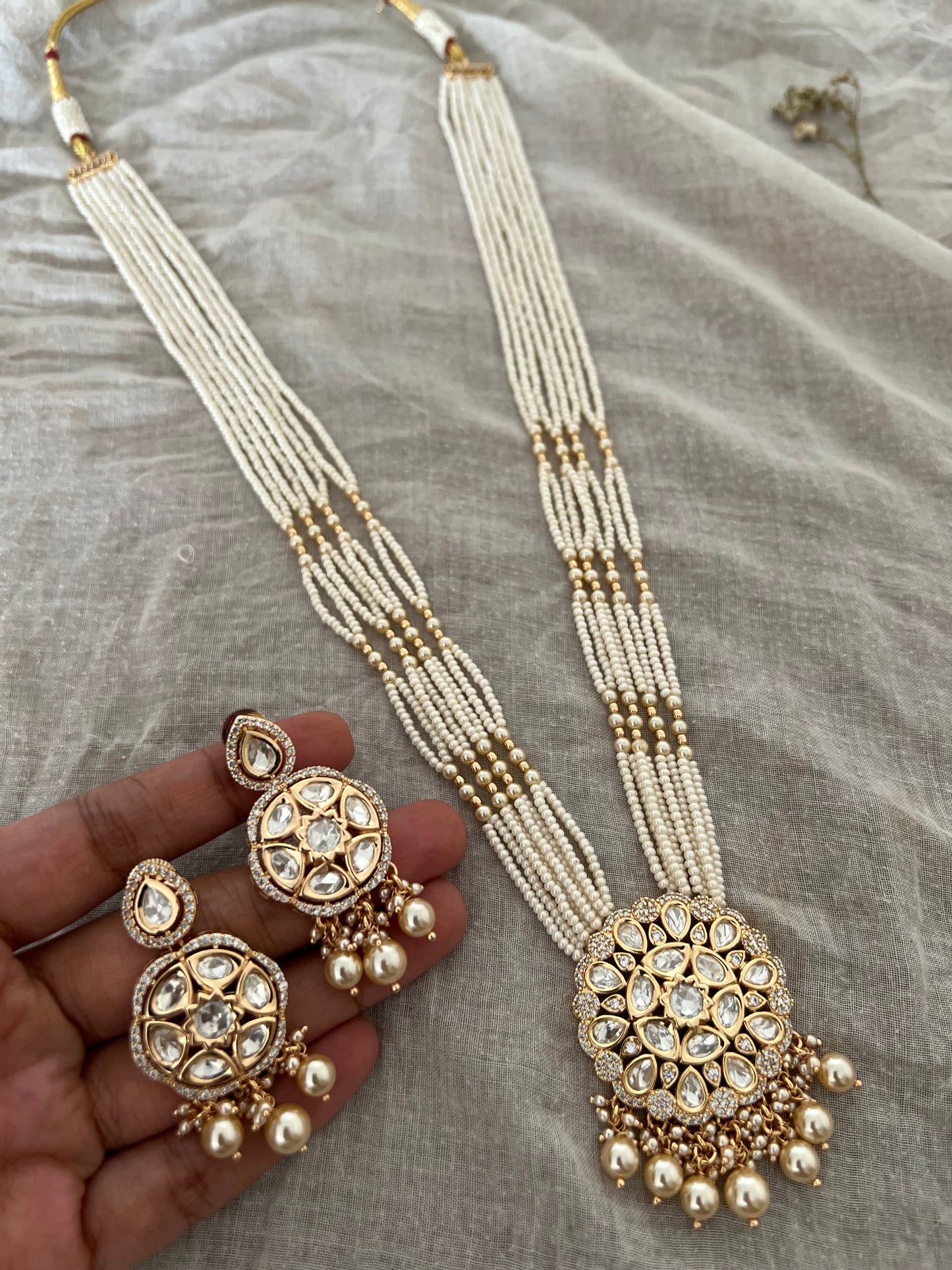 Jagruti White And Gold Tone Polki Studded Long Haar Necklace Set By Ranibaug