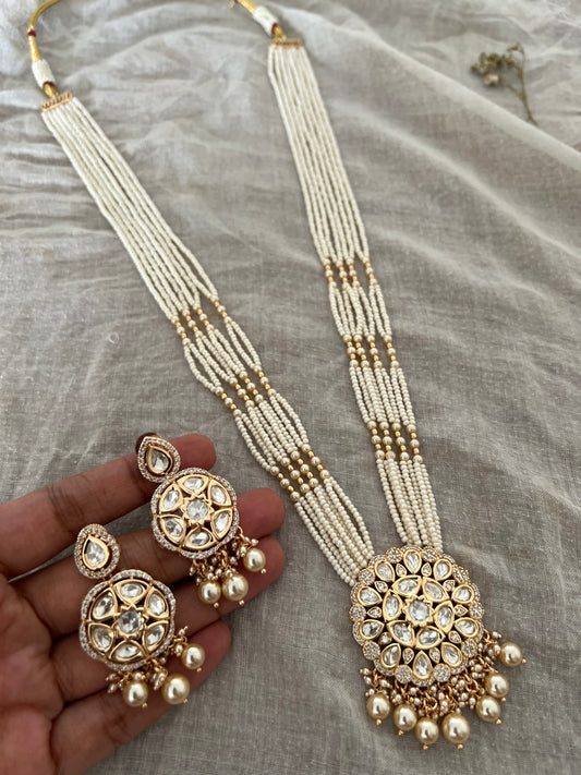 Jagruti White And Gold Tone Polki Studded Long Haar Necklace Set By Ranibaug