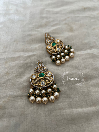 Janki Polki Studded Gold Finish Pearl Fringe Dangle Earrings By Ranibaug