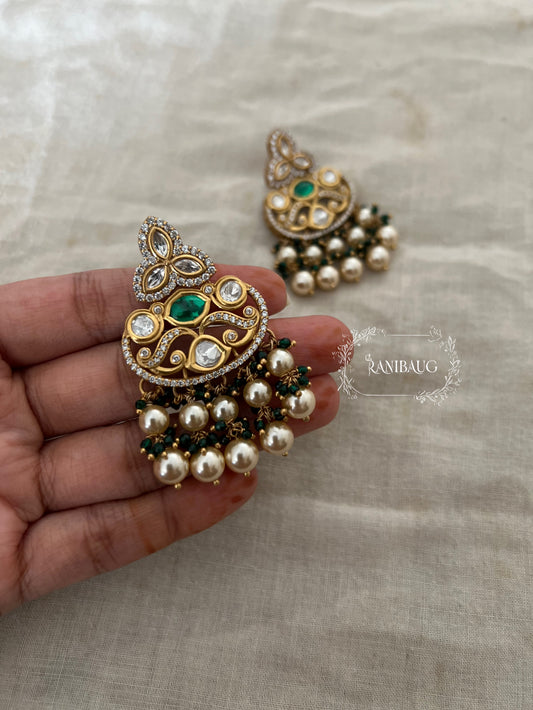 Janki Polki Studded Gold Finish Pearl Fringe Dangle Earrings By Ranibaug