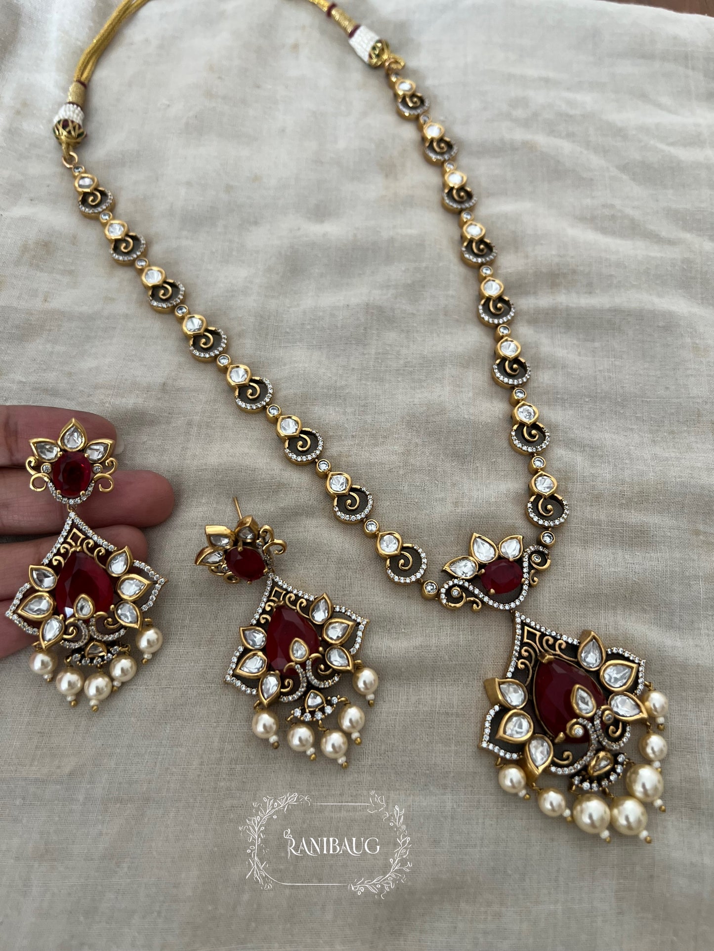 Jeni Victorian Finish Polki And Pearl Studded Pastel Drop Long Necklace Jewellery Set By Ranibaug