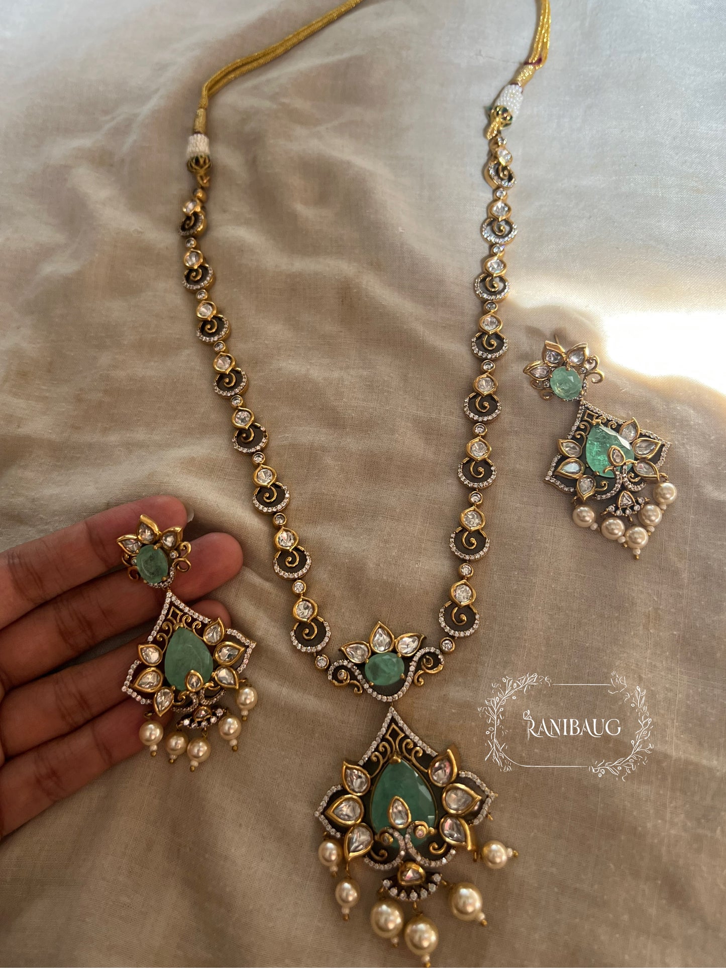 Jeni Victorian Finish Polki And Pearl Studded Pastel Drop Long Necklace Jewellery Set By Ranibaug