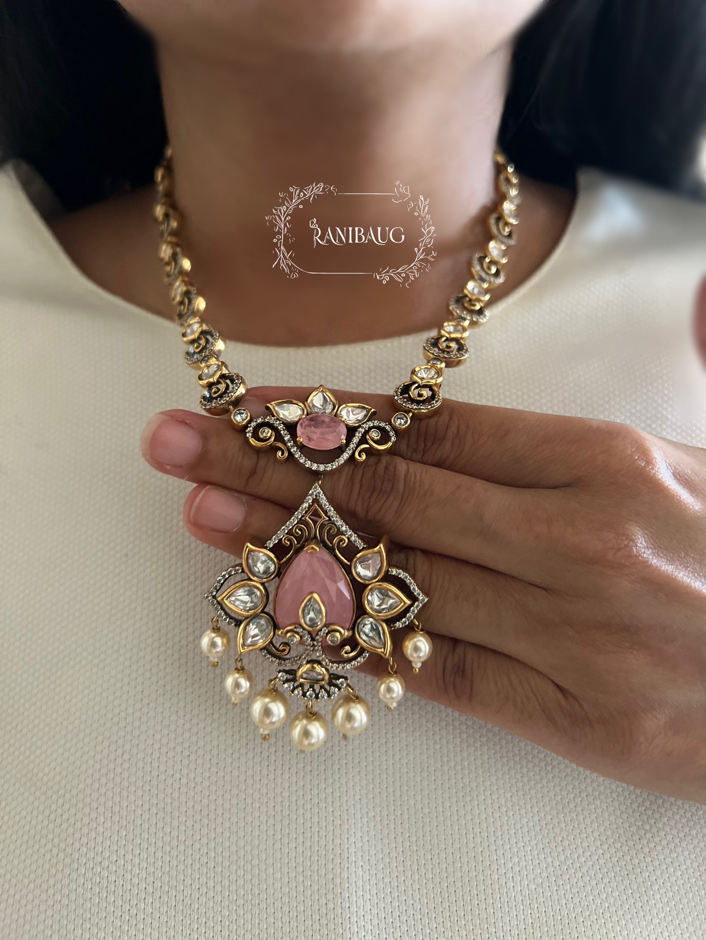 Jeni Victorian Finish Polki And Pearl Studded Pastel Drop Long Necklace Jewellery Set By Ranibaug